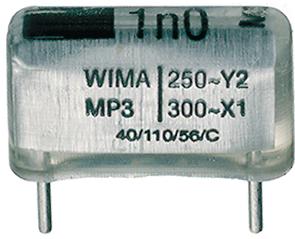 WIMA-MPY20W1150FA00MSSD Película del capacitor Cap Film Suppression Y2 0.0015uF 1000VDC/250VAC Paper 20%( 13.5 X 4 X 8.5mm) Radial 10mm 110°C Bulk