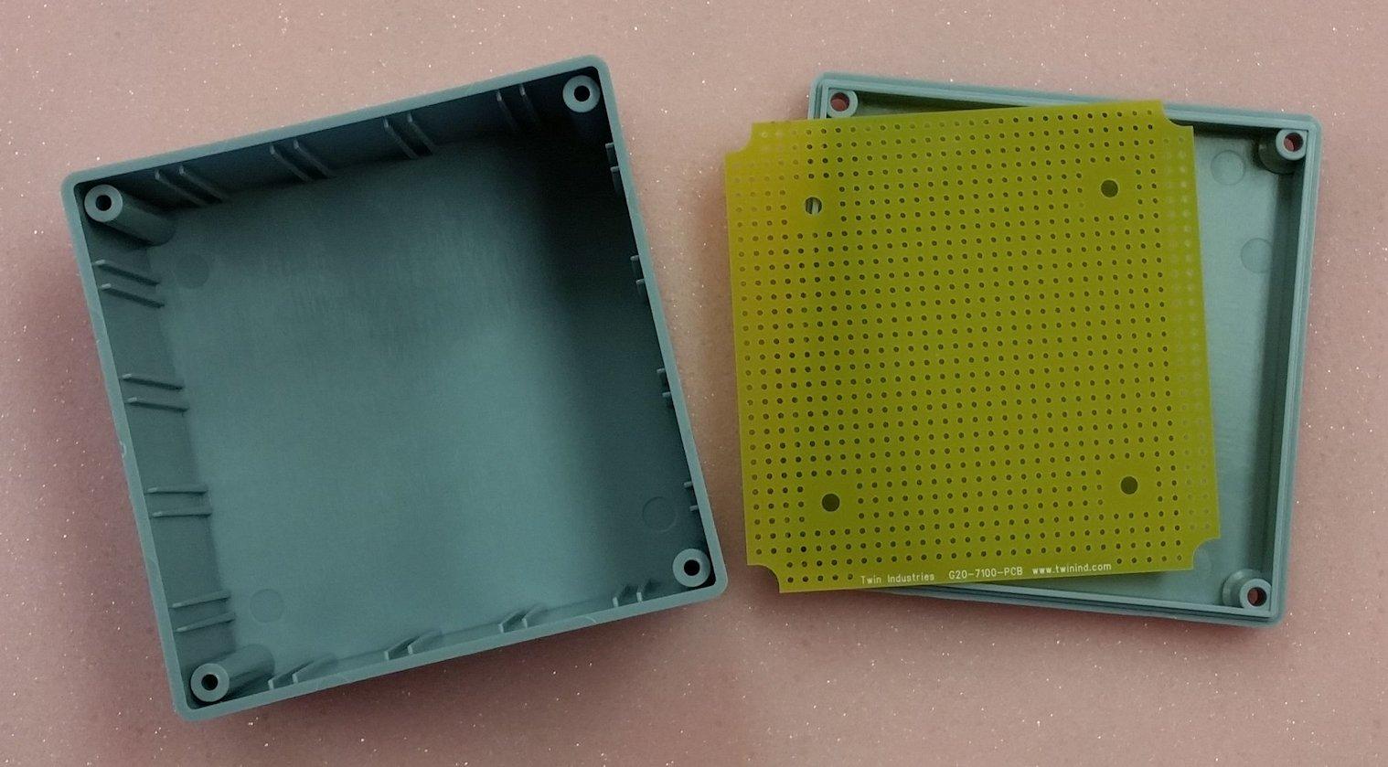 Twin Industries-G20-7100 Gray ABS Plastic Project Box with matching non-plated protoboard; FR4 0.062". Box Dim = 3.5" x 3.5" x 2.2"