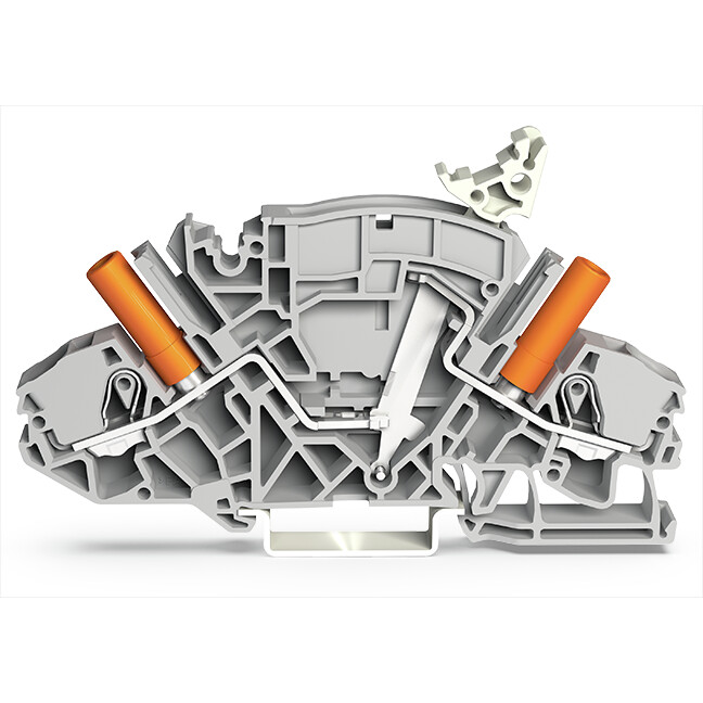 WAGO-2007-8811 Connector Terminal Blocks 2-Conductor disconnect-test Terminal Block, e.g., voltage transformer circuits, with touch-proof test sockets, for 4 mm Dia test plugs, for DIN-rail 35 x 15 and 35 x 7.5, 6 mm2, Push-in Cage Clamp