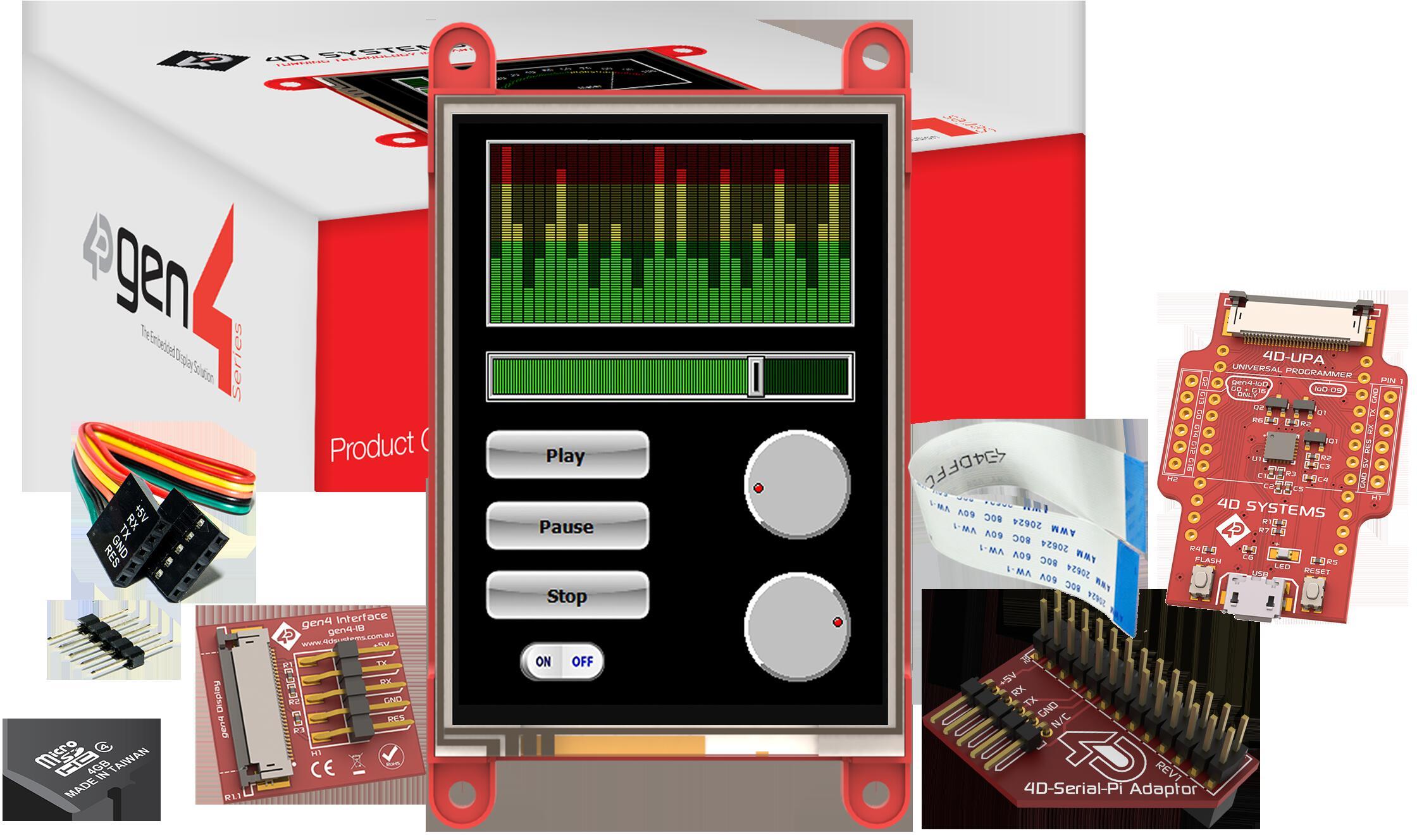 4D Systems-SK-GEN4-32PT-PI Entwicklungssätze und Werkzeuge Starter Kit for gen4-uLCD-32PT-PI with 4D Serial Pi Adaptor, 4D-UPA , 4GB Industrial microSD Card, 150 mm FFC Cable, 5-way female-to-female ribbon cable with male-to-male adaptor