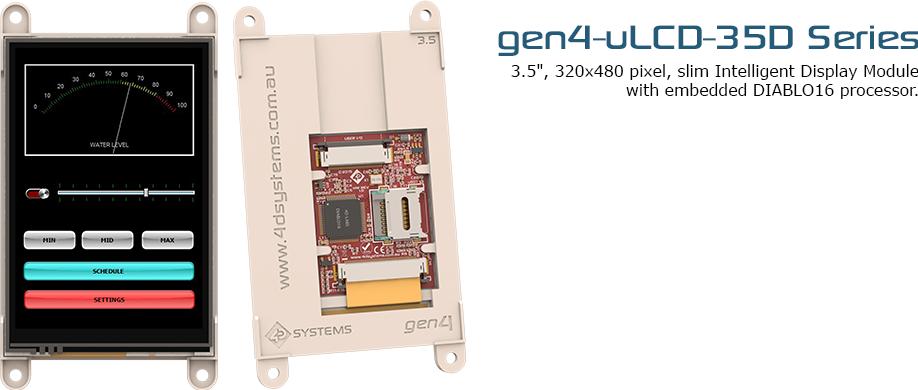 4D Systems-GEN4-ULCD-35DT TFT Modules 3.5", 320x480 pixels, slim Intelligent Display Module with embedded DIABLO16 processor and Resistive Touch panel