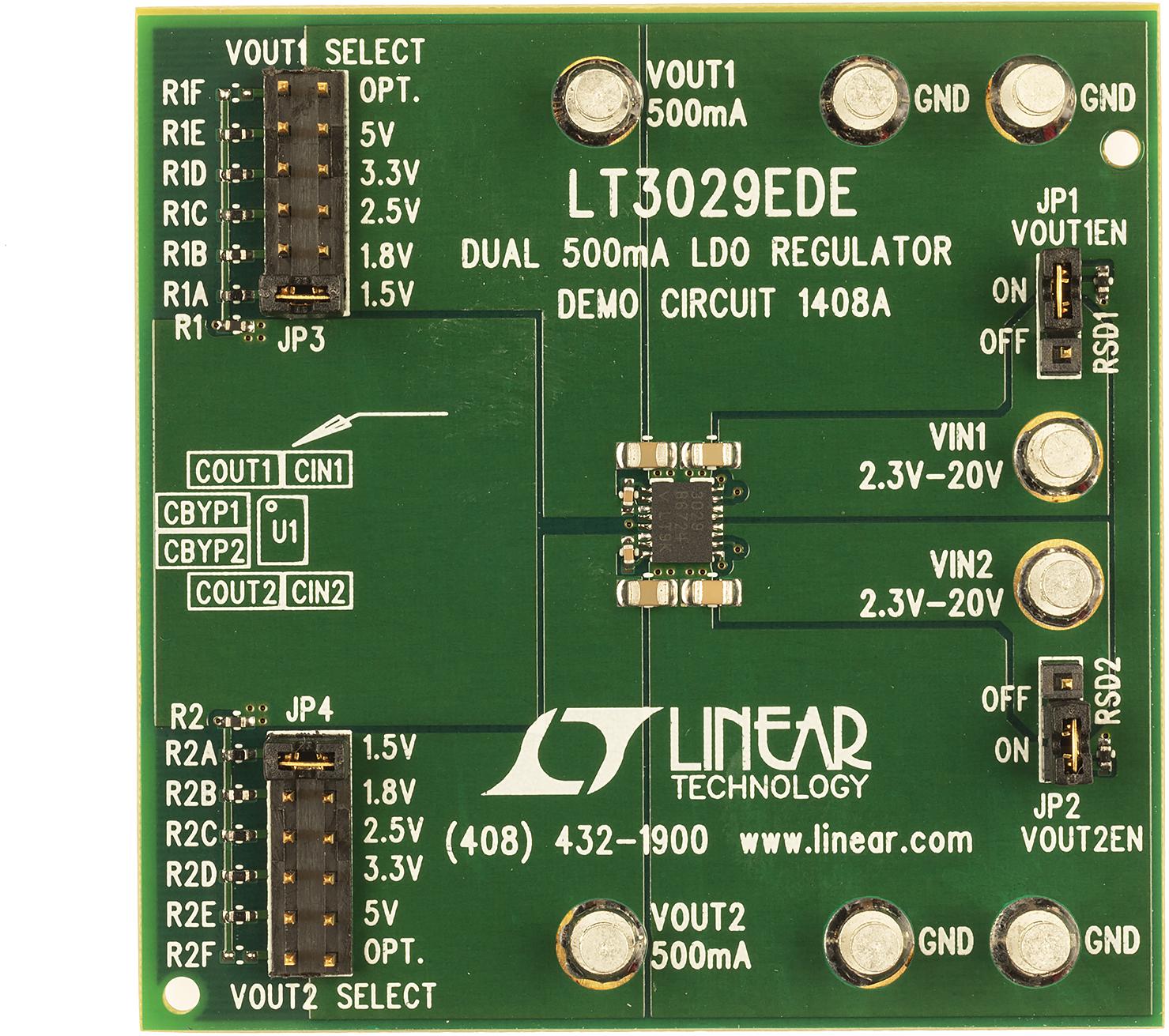 Analog Devices-DC1408A Energiemanagement, Entwicklungsplatinen und -kits LT3029EDE Demo Board, Dual Input, Dual Low Dropout, Low Noise, Micropower Linear Regulator, 2.3V ≤ VIN ≤ 20V, VOUT1/VOUT2 = 1.5V/1.8V/2.5V/3.3V/5V/Adjustable @ 500mA