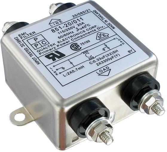Qualtek Electronics-851-20/011 Filtros de suministro Power Line Filter EMI 50Hz/60Hz 20A 250VAC Threaded Stud Flange Mount