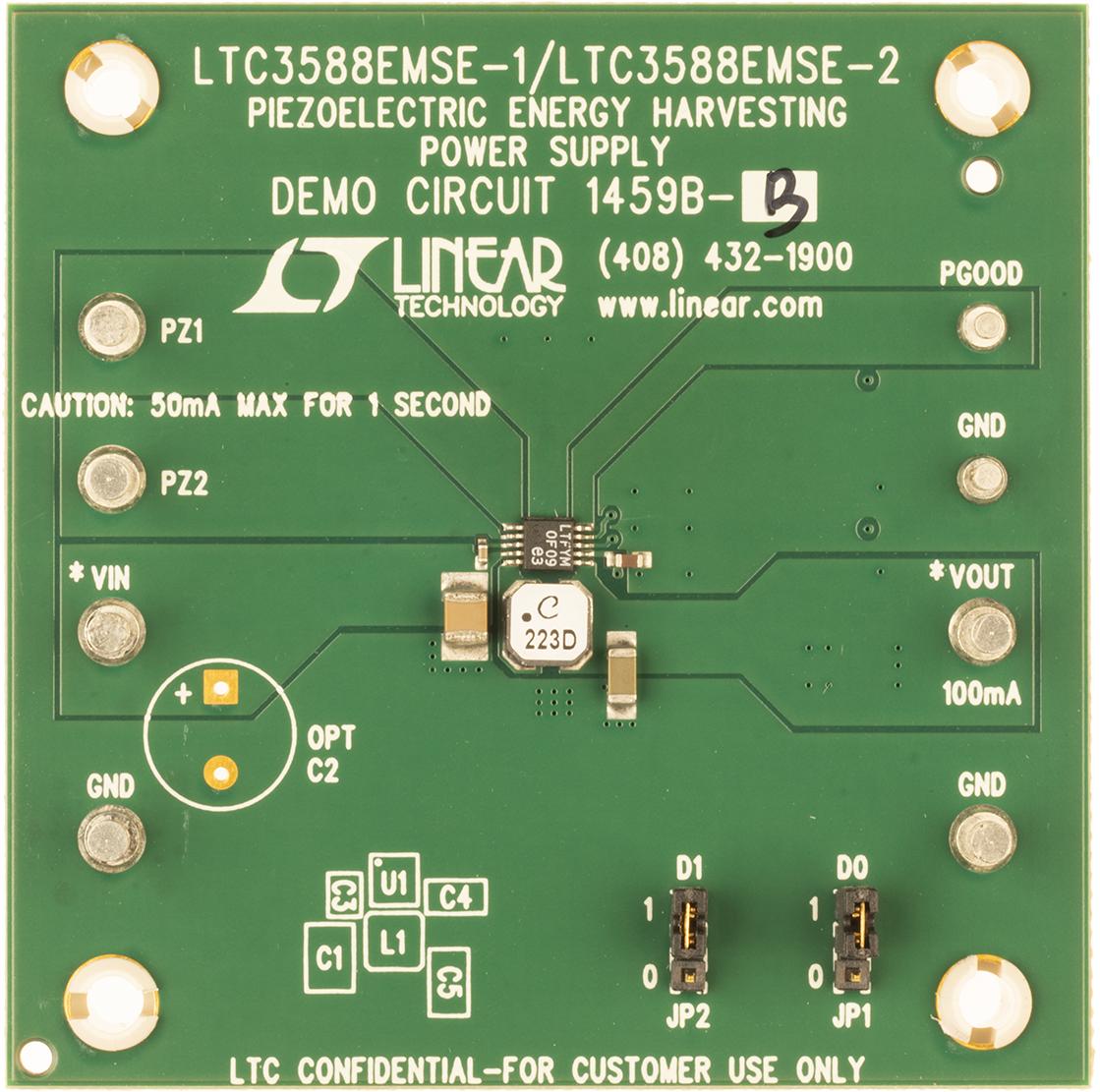 Analog Devices-DC1459B-B Power Management Development Boards and Kits LTC3588EMSE-2 Demo Board, Piezoelectric Energy Harvesting Power Supply