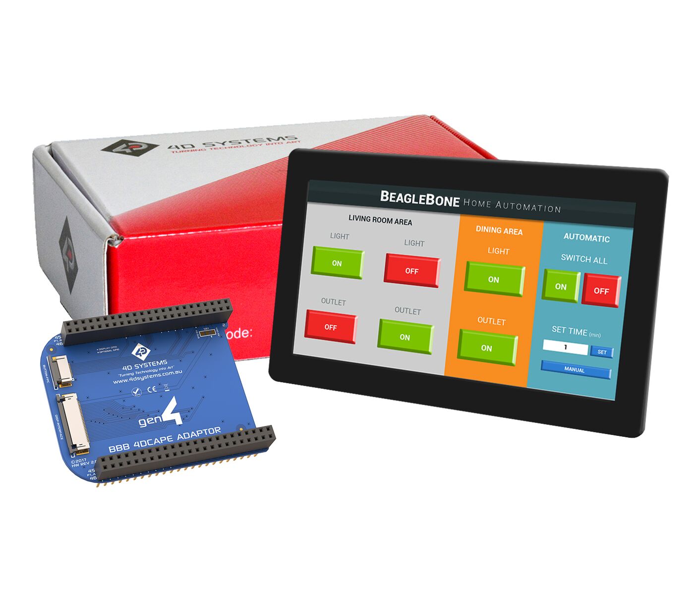 4D Systems-GEN4-4DCAPE-70CT-CLB TFT-Module 7.0", 800x480 pixel, LCD Cape for BeagleBone Black with Capacitive TouchCover Lens Bezel Screen and gen4-4DCAPE-ADAPTOR