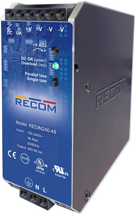 RECOM Power-REDIN240-48 交流至直流电源供应器 AC/DC Power Supply Single-OUT 48V 5A 240W 9-Pin Half-Brick Box