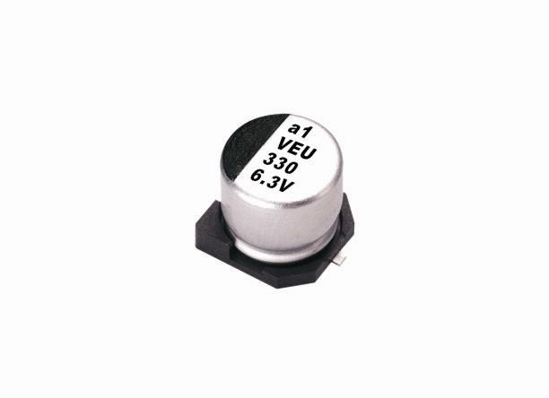 Lelon Electronics-VEU100M1VTR-0506 Capacitor de aluminio Cap Aluminum Lytic 10uF 35V 20% (5 X 5.7mm) SMD 0.027A 3000h 105°C T/R Automotive AEC-Q200