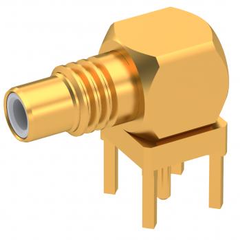 Radiall-R112665000 RF-Steckverbinder Conn SMC 0Hz to 10GHz 50Ohm Solder RA Thru-Hole RCP Gold Over Nickel