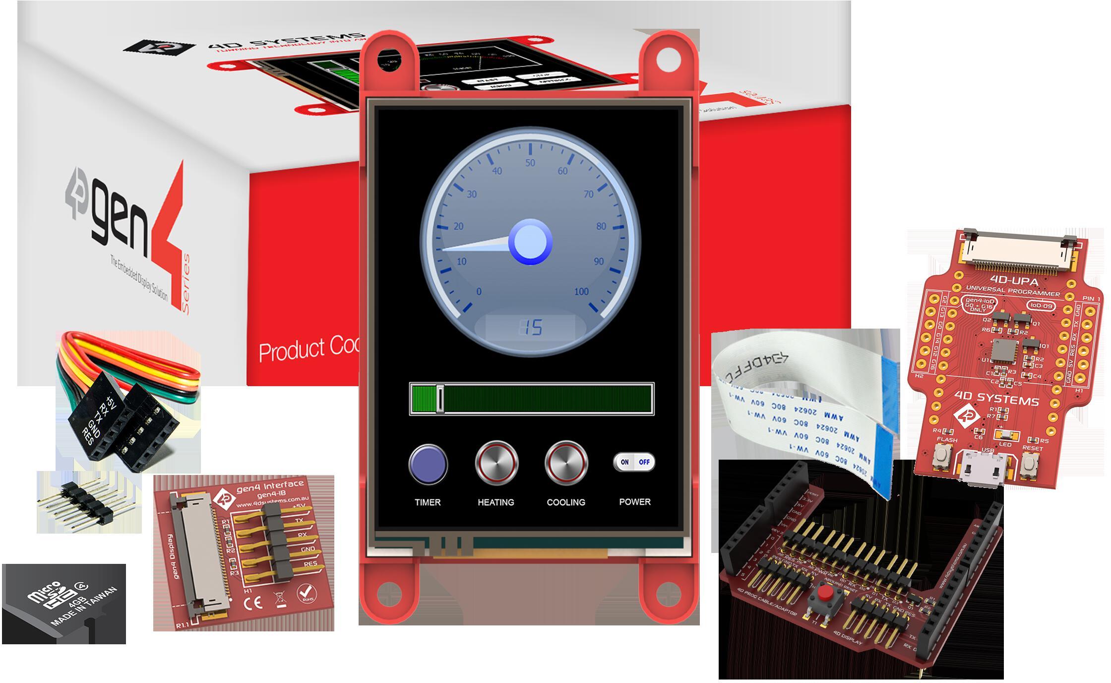 4D Systems-SK-GEN4-24PT-AR Entwicklungssätze und Werkzeuge Starter Kit for gen4-uLCD-24PT-AR with 4D Arduino Adaptor Shield-II, 4D-UPA, 4GB Industrial microSD Card, 150 mm FFC Cable, 5-way female-to-female ribbon cable with male-to-male adaptor