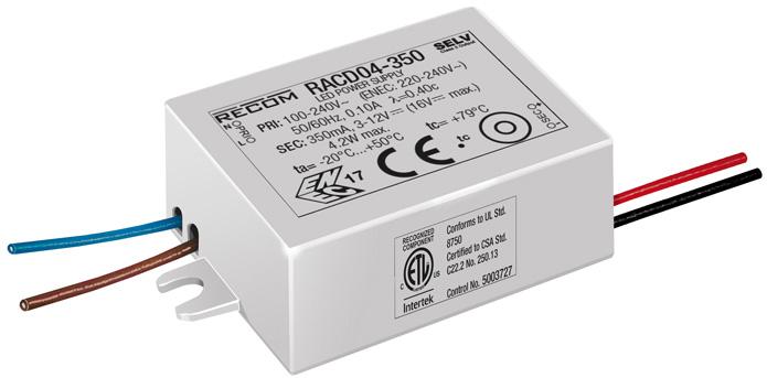 RECOM Power-RACD04-350 LED 电源 AC/DC LED Power Supply 4W Single 4-Pin