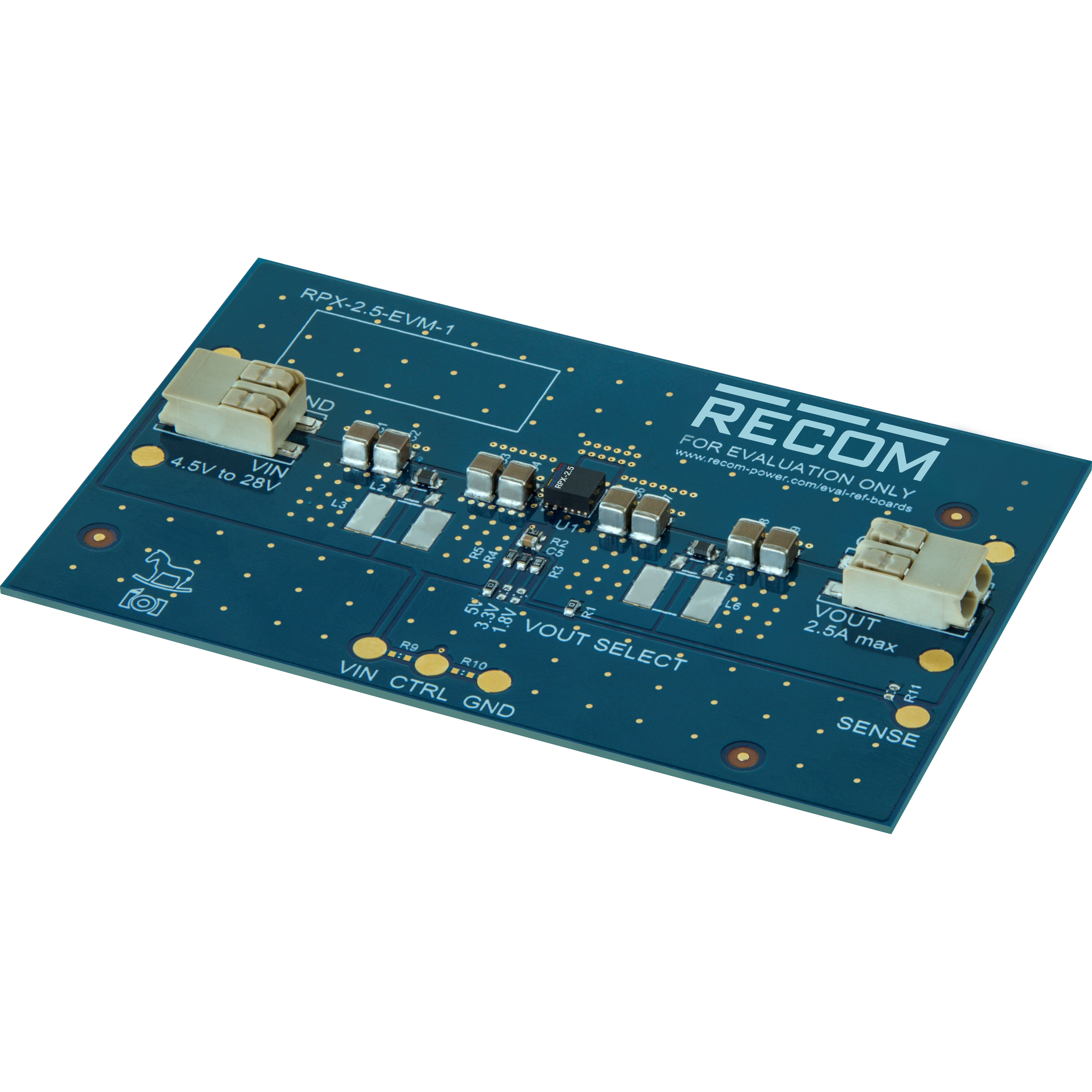 RECOM Power-RPX-2.5-EVM-1 Cartes et kits de développement de gestion de la puissance RPX-2.5 DC to DC Converter and Switching Regulator Module 1.8V/3.3V/5V Output Evaluation Board