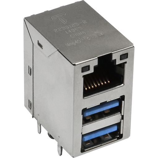 TRP Connector-2250125-1 Interfaz de conector Conn RJ-45/Dual USB 3.0 F/(2)F 8/9/9 POS 1.27mm/(0.5mm/1mm/1.5)mm Solder RA Thru-Hole 32 Terminal 1/1/1 Port