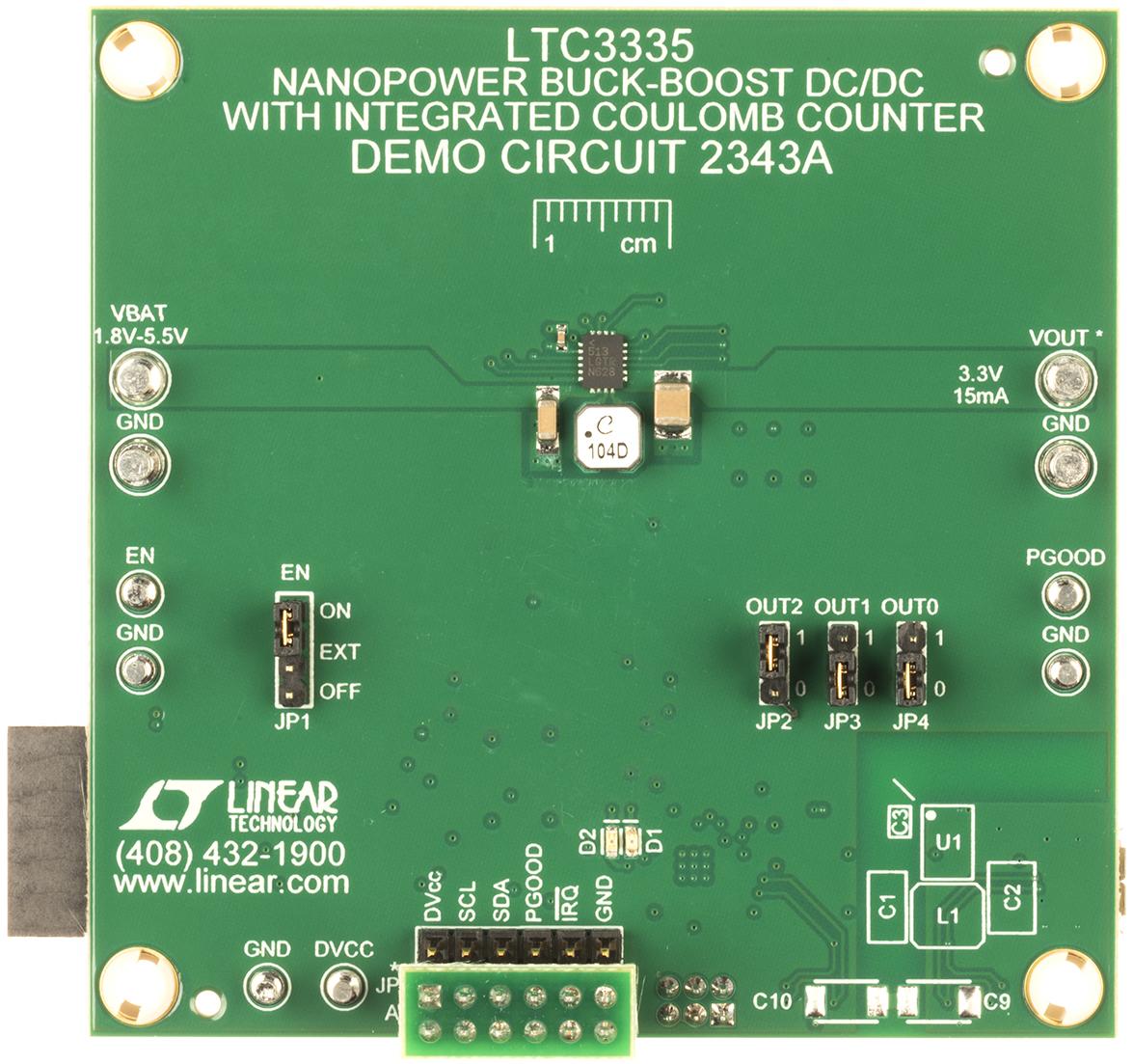 Analog Devices-DC2343A Cartes et kits de développement de gestion de la puissance LTC3335 Demo Board, 680nA Iq Buck-Boost with Coulomb Counter, 1.8V ≤ VIN ≤ 5.5V, VOUT = 1.8V to 5V @ 15mA