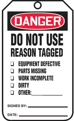 Panduit-PVT-1014 Identifikationsetiketten Safety Tags, DANGER DO NOT USE REASON TAGGED EQUIPMENT DEFECTIVE