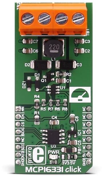 MikroElektronika-MIKROE-2762 Energiemanagement, Entwicklungsplatinen und -kits MCP16331 DC to DC Converter and Switching Regulator Chip 2.25V to 12V Output Click Board