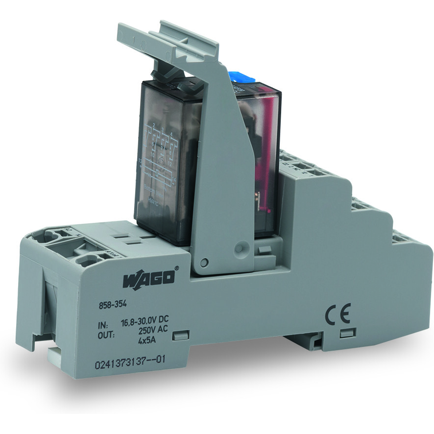 WAGO-858-354 Relevadores Otros Relay Module, Nominal input voltage 24 VDC, 4 changeover Contacts, Limiting continuous current 5 A, with manual operation, Path, Red indicator, Module width 31 mm