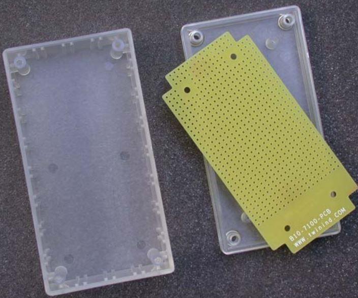 Twin Industries-C10-7100 Clear ABS Plastic Project Box with matching non-plated protoboard; FR4 0.062". Box Dim = 4.5" x 2.3" x 1.7"