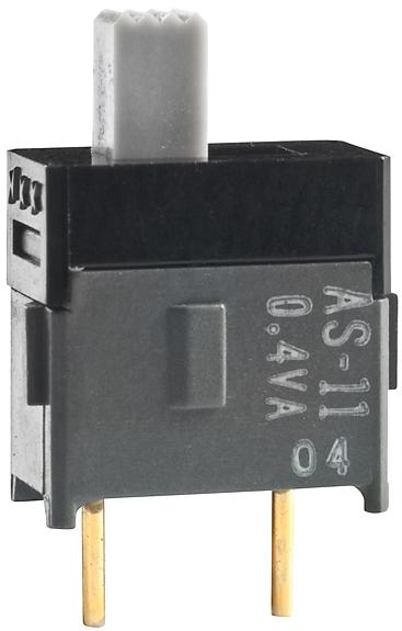 NKK Switches-AS11CP Schiebeschalter Switch Slide ON None OFF SPST Top Slide 0.1A 28VAC 28VDC 0.4VA 50000Cycles PC Pins Thru-Hole