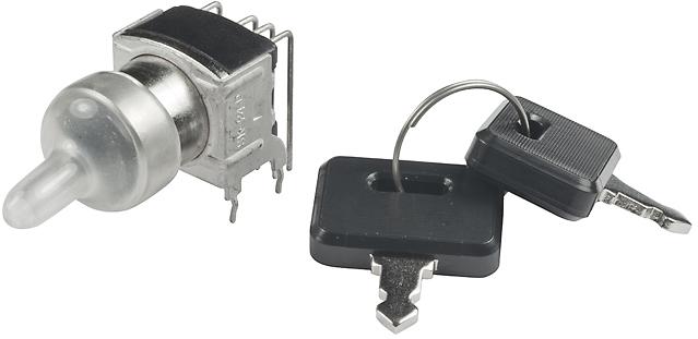NKK Switches-SK24DG30 Verrouillage à clé de commutateur Switch Key Lock ON ON ON DP3T 45° Flat Key 0.1A 28VAC 28VDC 0.4VA PC Pins 30000Cycles Bracket Mount/Through Hole