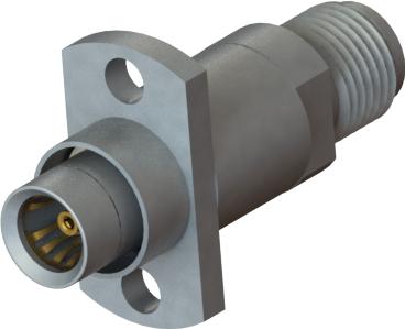 Amphenol SV Microwave-SF1114-6005 RF-Steckverbinder Conn BMMA-SMA Adapter 0Hz to 18GHz 50Ohm Crimp ST Flange Mount F/F Gold Over Nickel Tray