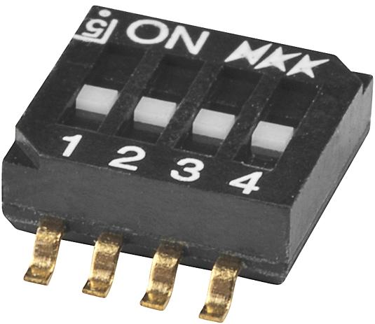 NKK Switches-JS04-04FP4-ST DIP-Schalter Switch DIP OFF ON SPST 4 Flush Slide 0.025A 24VDC Gull Wing 2000Cycles 1.27mm SMD Bulk