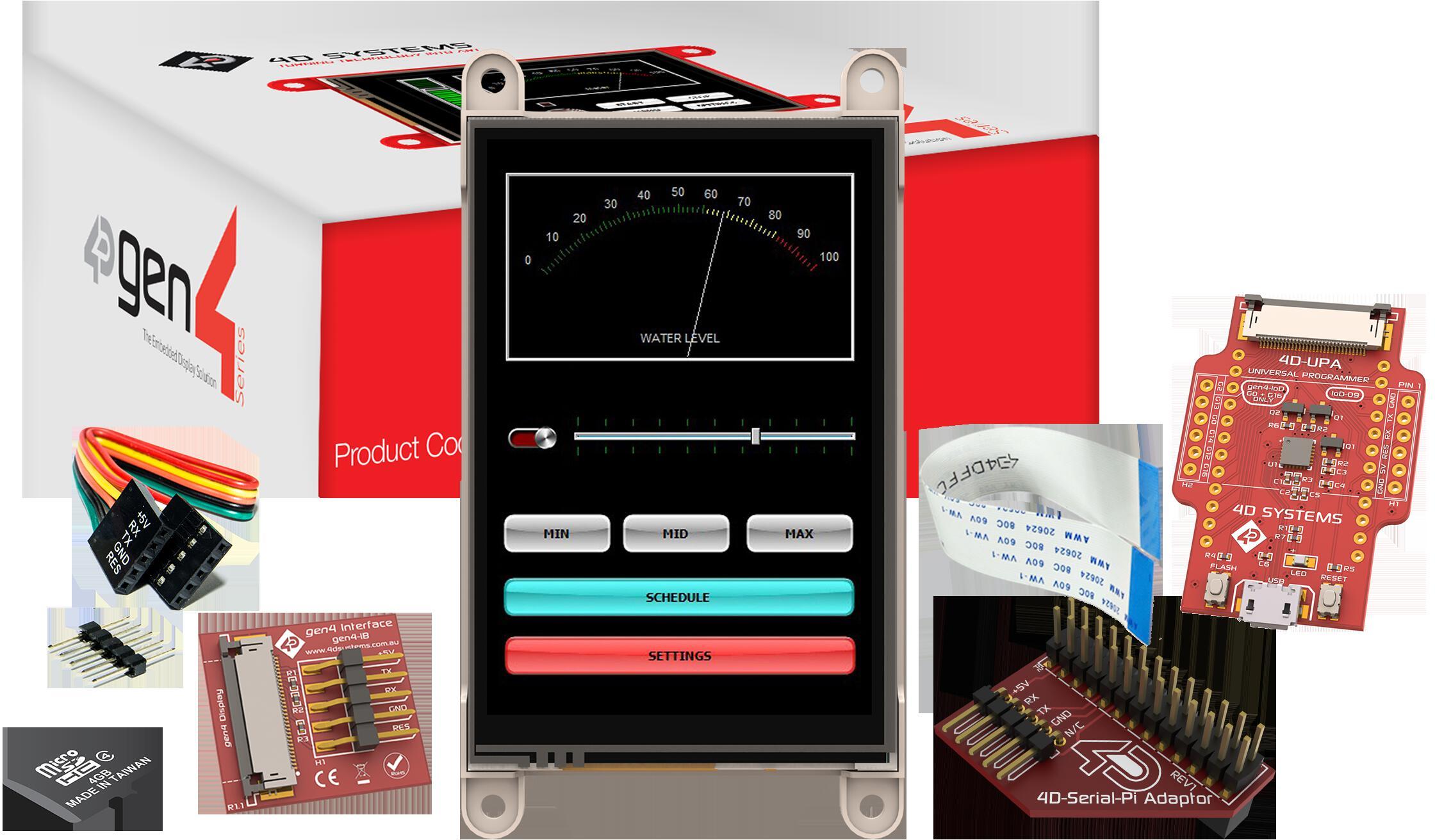 4D Systems-SK-GEN4-35D-PI Entwicklungssätze und Werkzeuge Starter Kit for gen4-uLCD-35D-PI with 4D Serial Pi Adaptor, 4D-UPA, 4GB Industrial microSD Card, 150 mm FFC Cable, 5-way female-to-female ribbon cable with male-to-male adaptor