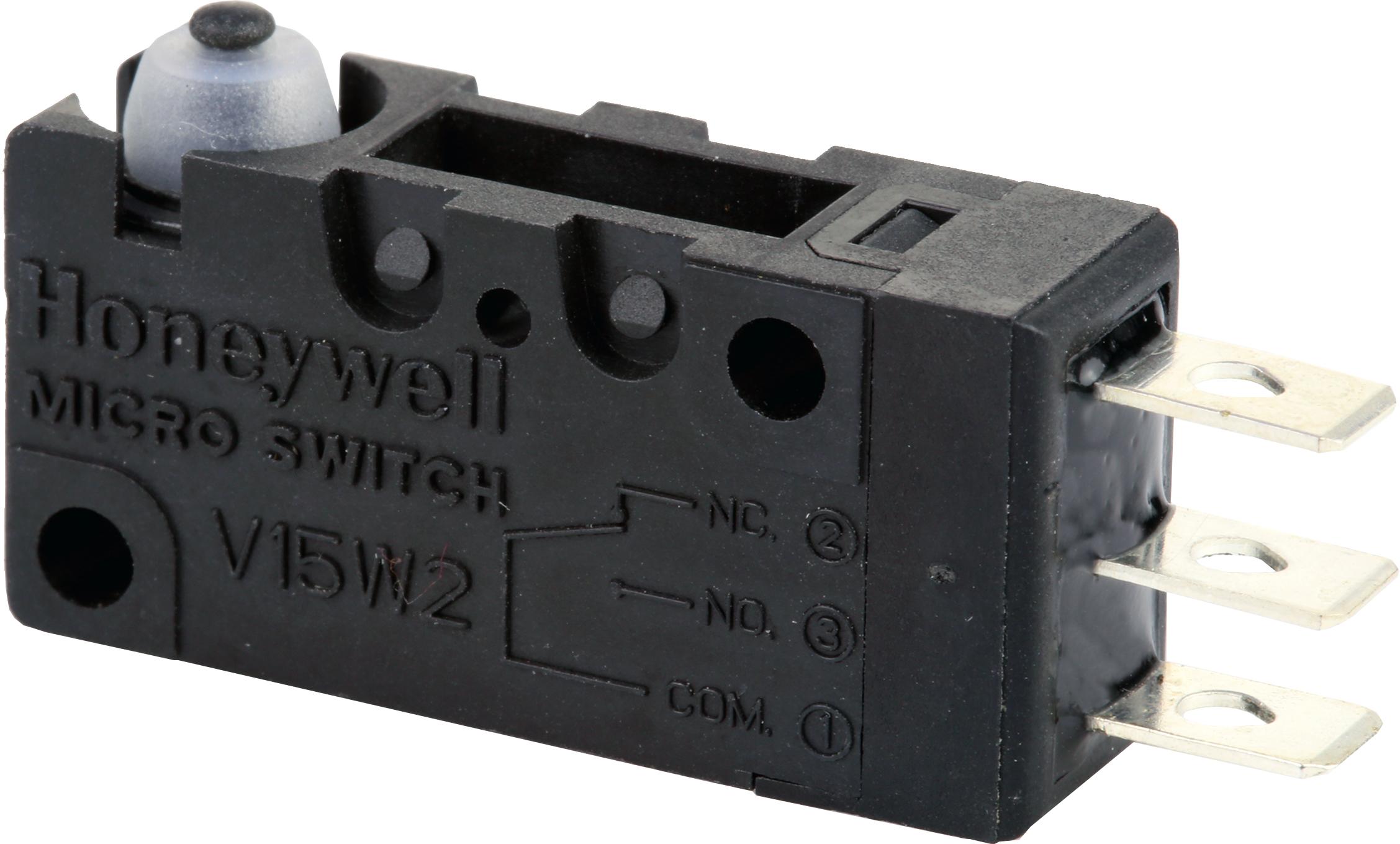 Honeywell-V15W2-EZ100-W2 Action d’interrupteur à pression Switch Snap Action N.O./N.C. SPDT Pin Plunger 5A 250VAC 74.57VA 0.98N Screw Mount Quick Connect Box