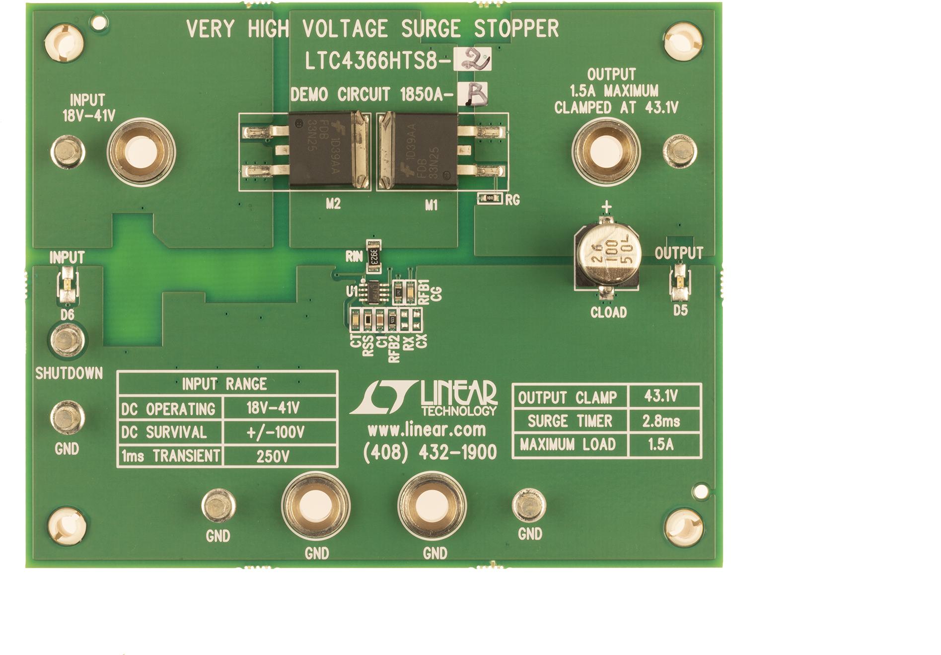 Analog Devices-DC1850A-B Placas y kits de desarrollo de administración de potencia LTC4366-2 Demo Board, Very High Voltage Surge Stopper with Auto-Retry