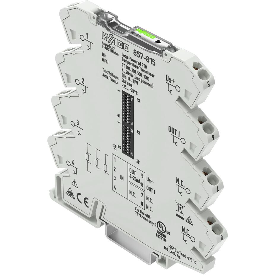 WAGO-857-815 Interfaz del sensor y detector Temperature signal conditioner for RTD sensors, Current output signal, Power via output, 6 mm module width