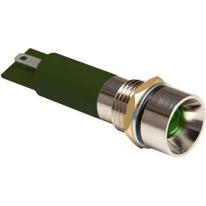 Bivar-MPR12-3GD24V Panel Mount Indicators IP54 Rated Sealed Panel Mount Indicators, M12 Nut and Spring Lock Washer, 24V, Green Housing, Green LED, 8mm Green Diffused Tinted Lens with Recessed Dome