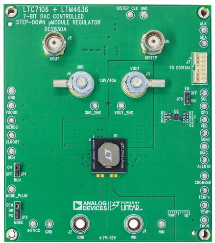 Analog Devices-DC2830A Energiemanagement, Entwicklungsplatinen und -kits LTC7106/LTM4636 DC to DC Converter and Switching Regulator Module 0.977V to 1.023V Output Demonstration Circuit