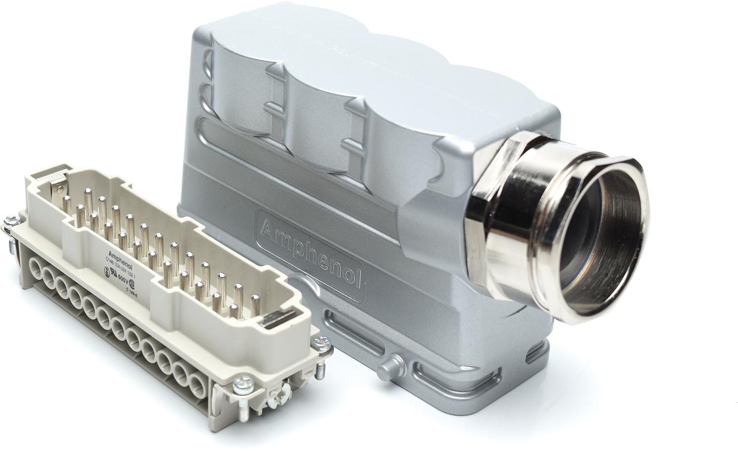 Amphenol-C14610E0249518M Connector Rectangular 24 Position plus PE Plug Kit Male 20-12AWG Dual side entry high profile hood