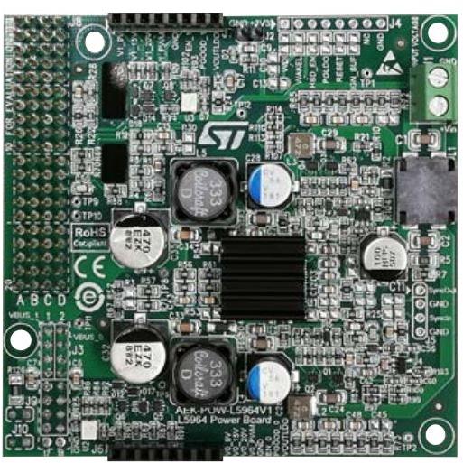 STMicroelectronics-AEK-POW-L5964V1 Energiemanagement, Entwicklungsplatinen und -kits L5964 DC to DC Converter and Switching Regulator Chip/PMIC Solution 3.3V/5V/9V Output Expansion Board