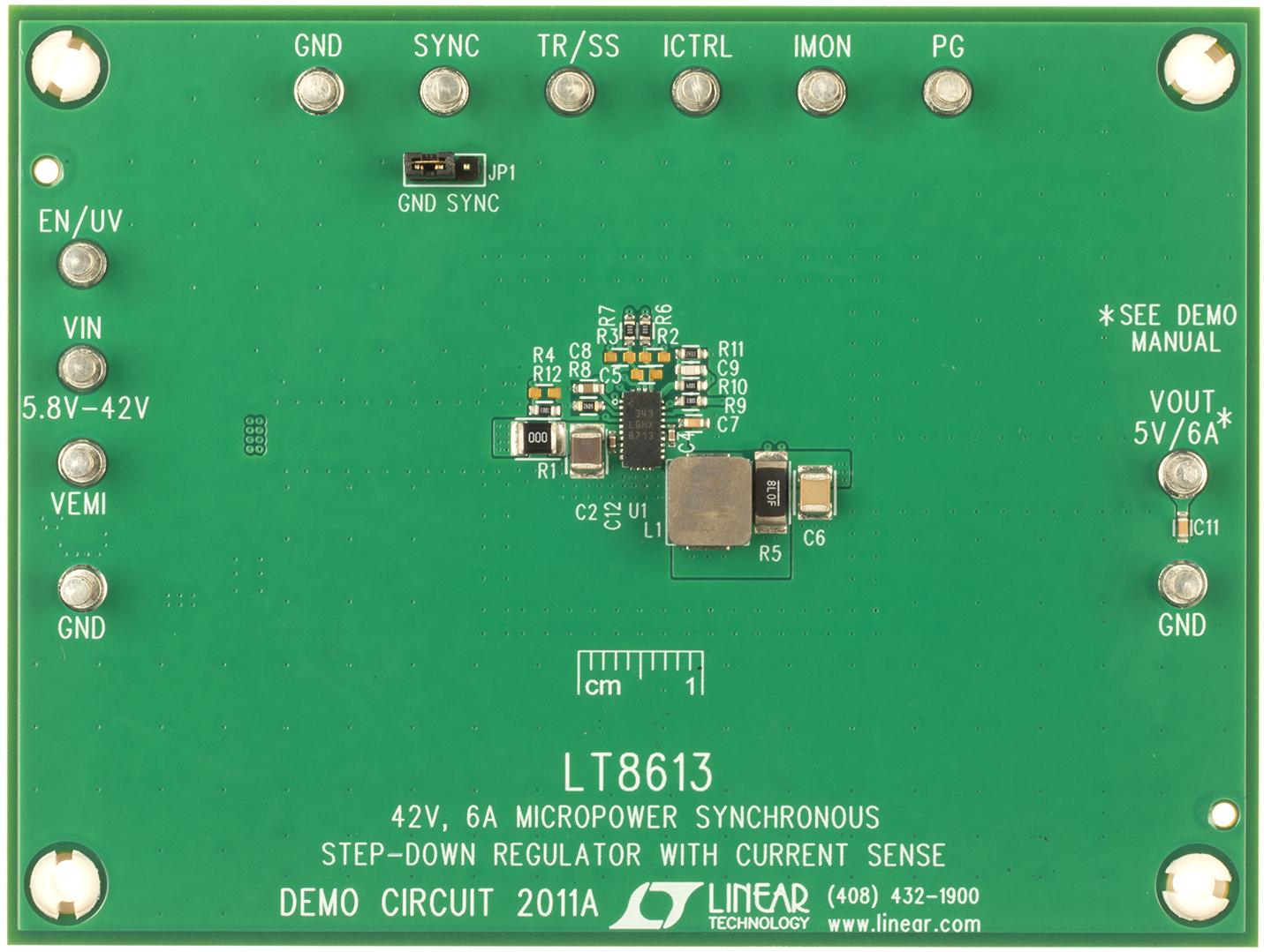 Analog Devices-DC2011A Energiemanagement, Entwicklungsplatinen und -kits LT8613EUDE Demo Board, Sync Buck, 5.8V ≤ VIN ≤ 42V, VOUT = 5V @ 6A