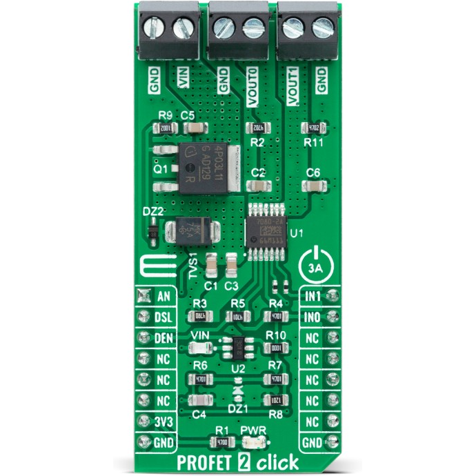 MikroElektronika-MIKROE-4818 Energiemanagement, Entwicklungsplatinen und -kits BTS70802EPAXUMA1 Current Limit Switch Click Board