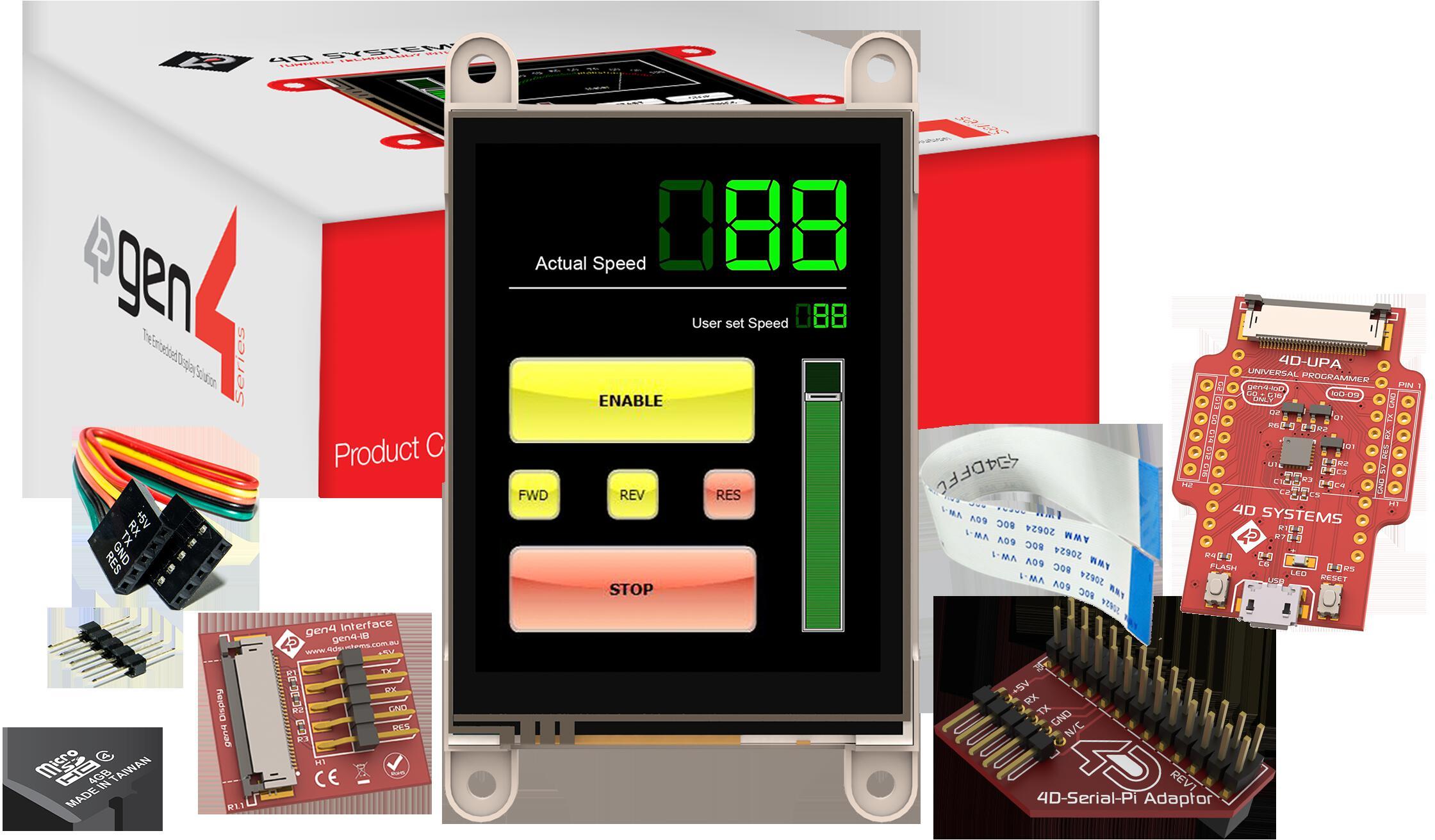 4D Systems-SK-GEN4-28DT-PI Entwicklungssätze und Werkzeuge Starter Kit for gen4-uLCD-28DT-PI with 4D Serial Pi Adaptor, 4D-UPA , 4GB Industrial microSD Card, 150 mm FFC Cable, 5-way female-to-female ribbon cable with male-to-male adaptor