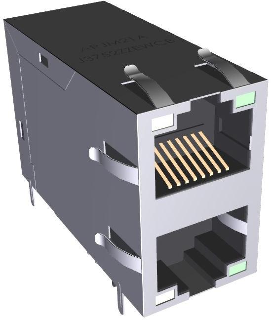 Abracon-ARJM21A-J3752ZZEWCB Steckverbinder, Telefon und Telekommunikation Conn RJ-45 F 16 POS 1.27mm Solder RA Thru-Hole 32 Terminal 2 Port Tray