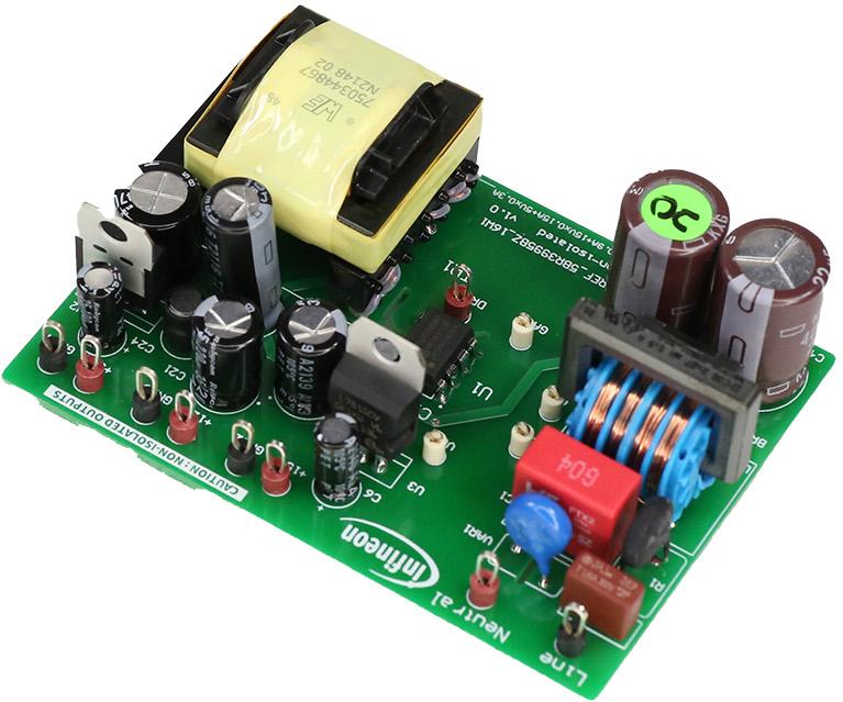 Infineon Technologies AG-REF5BR3995BZ16W1TOBO1 Placas y kits de desarrollo de administración de potencia ICE5BR3995BZ AC to DC Switching Converter 5V/12V/15V Output Reference Design Board
