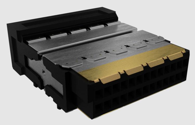 Amphenol Communications Solutions-10147075-2600RLF Connector Headers and PCB Receptacles Minitek® Microspeed 1.00mm, Board-to-Board Connector, Right Angle Header SMD 26P, Poka yoke. EMI Shielded High Speed BtB Connector supports data applications with up to 25Gb/s and superior EMC performance.