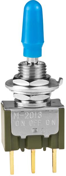 NKK Switches-M2013SS1G03-BG Interruttore a levetta Switch Toggle ON OFF ON SPDT Small Bat Lever PC Pins 0.4A 28VAC 28VDC 0.4VA PC Mount with Threads