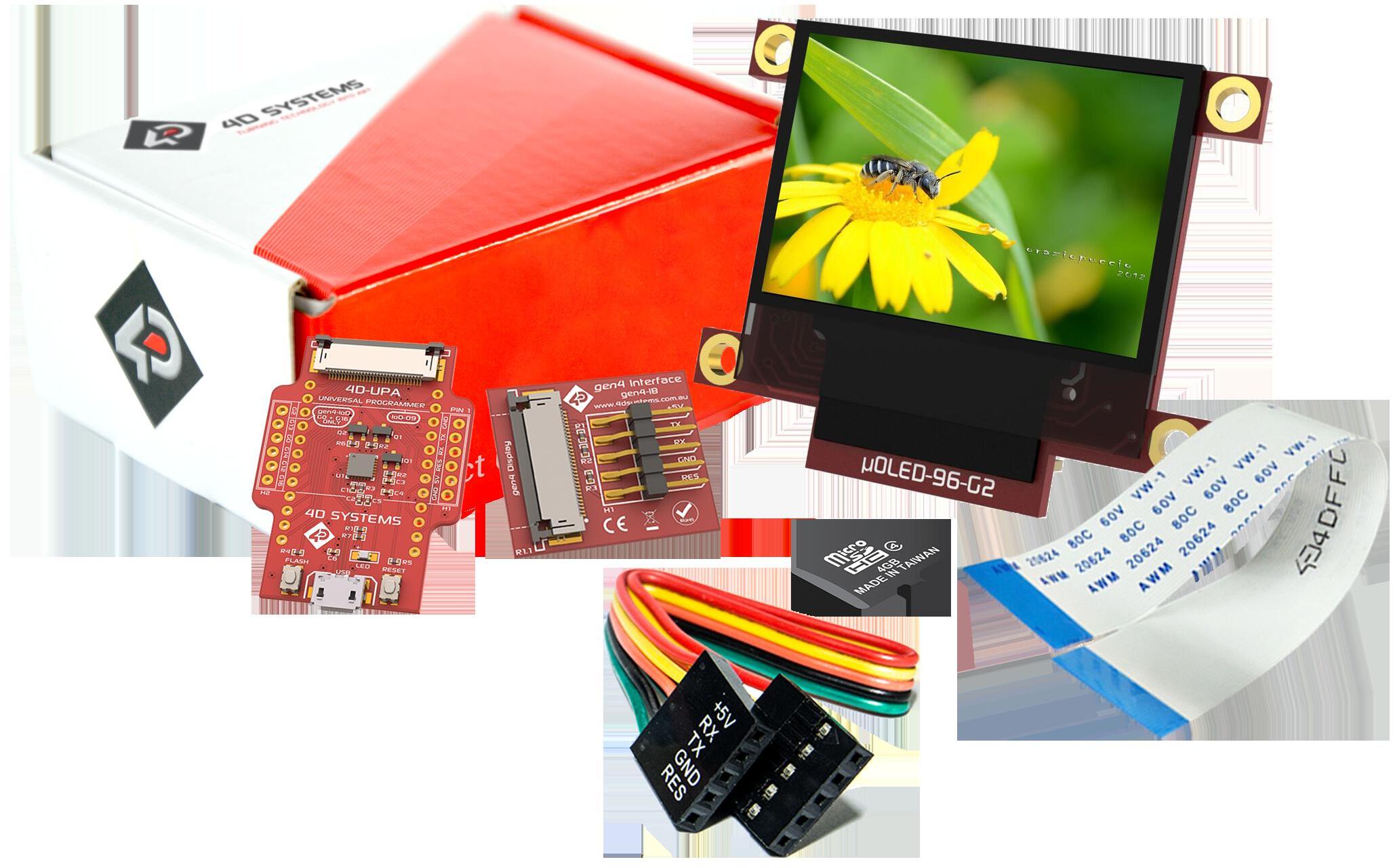 4D Systems-SK-96G2 Herramientas y kits de desarrollo Starter Kit for uOLED-96G2 with Industrial uSD-4GB and 4D-UPA