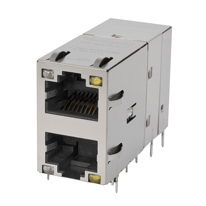 Bel Fuse-G23-21YR-112G Steckverbinder, Telefon und Telekommunikation Conn RJ-45 F/F 16 POS 1.27mm Solder RA Thru-Hole 32 Terminal 2 Port