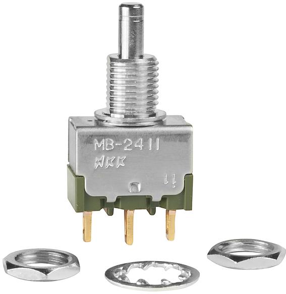 NKK Switches-MB2411A2G30 Switch Push Button Switch Push Button ON (ON) SPDT Round Plunger 0.1A 28VAC 28VDC 0.4VA Momentary Thru-Hole PC Pins