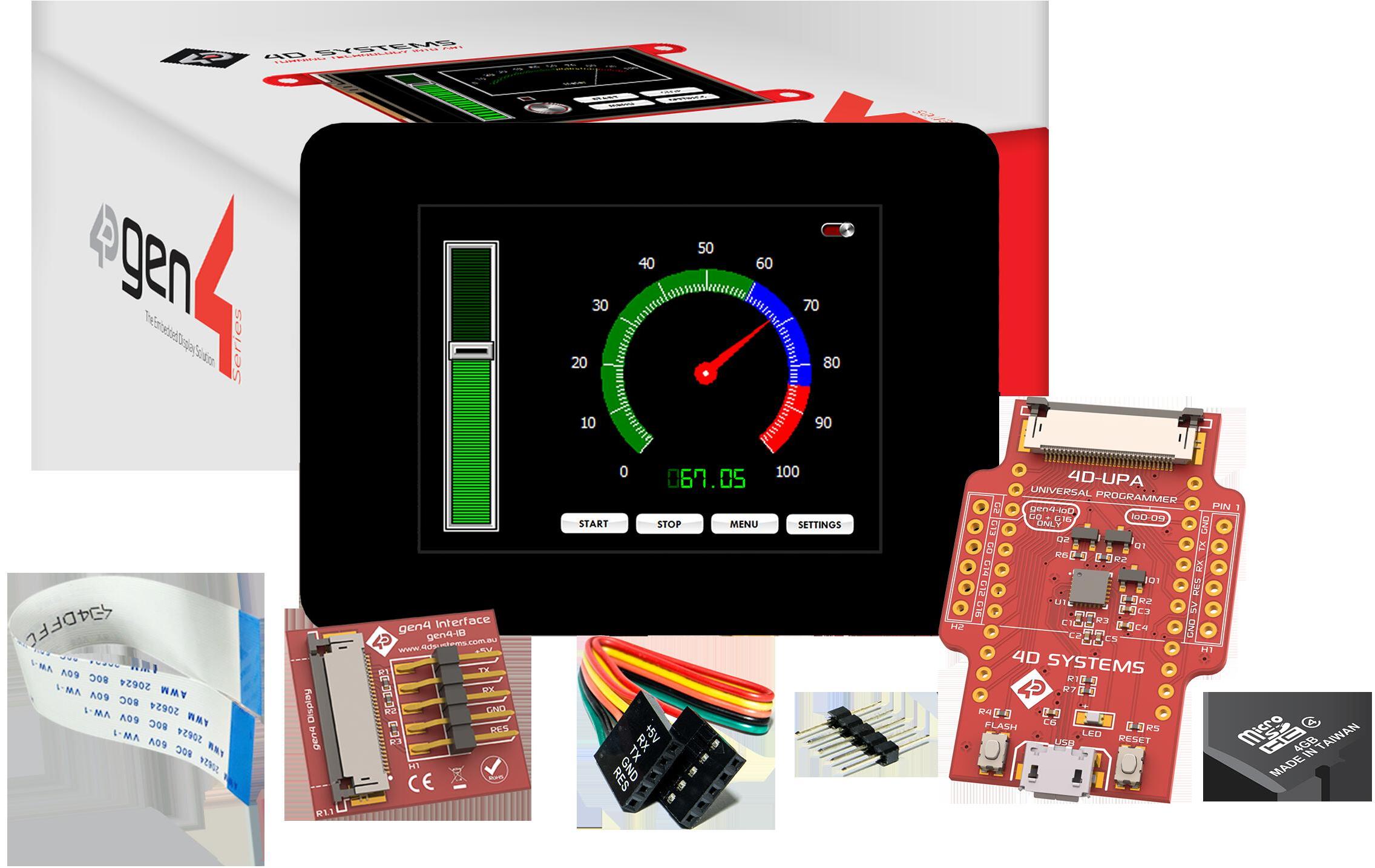 4D Systems-SK-GEN4-32D-CLB Entwicklungssätze und Werkzeuge Starter Kit for gen4-uLCD-32D-CLB with uSD-4GB Industrial, gen4-IB, 4D-UPA and 150mm FFC Cable