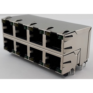 Amphenol Communications Solutions-RJSAE5F8V08 Connector Telephone and Telecom Conn RJ-45 F 64 POS 1.27mm Solder RA Thru-Hole 96 Terminal 8 Port Cat 5