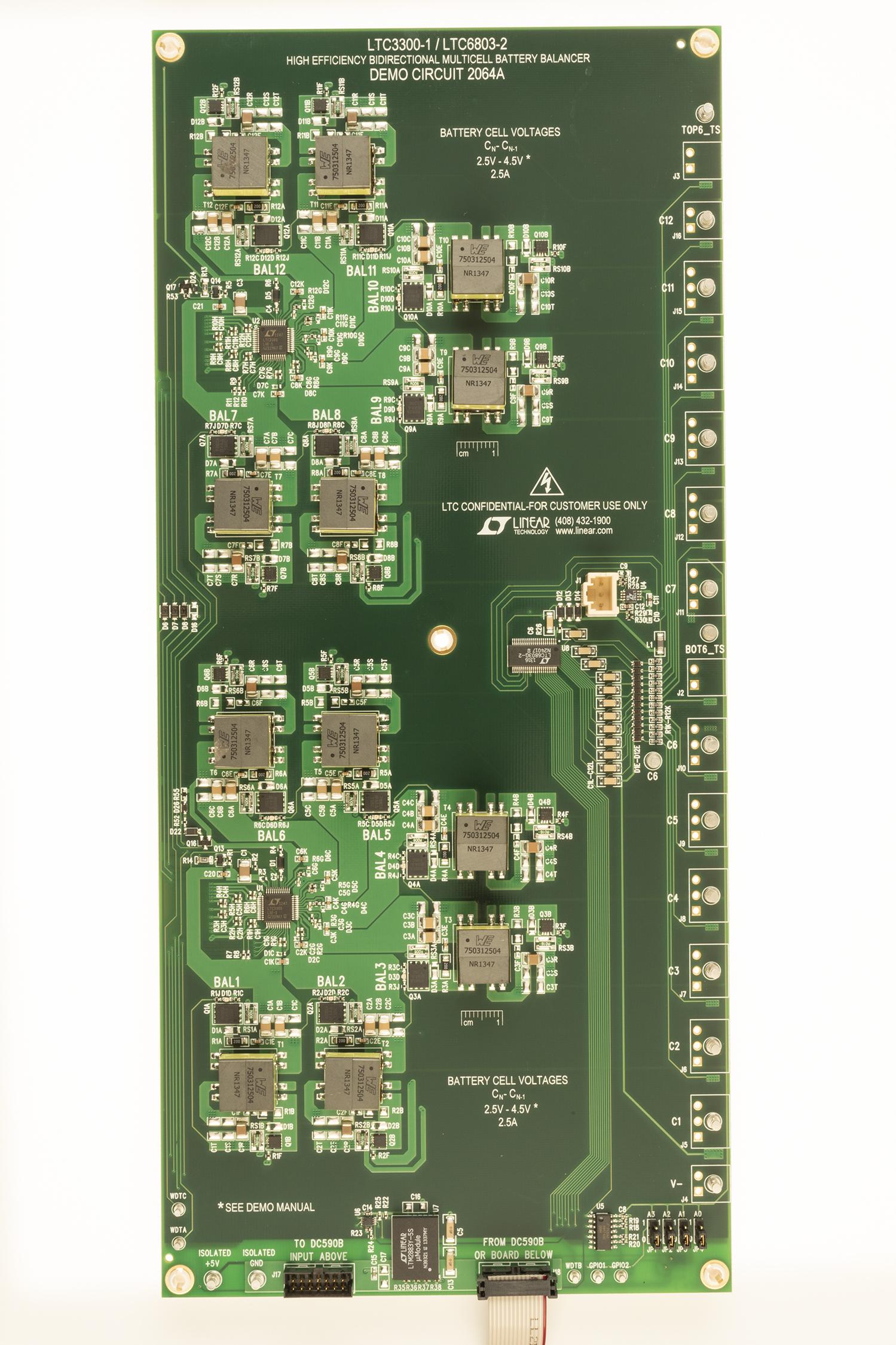 Analog Devices-DC2064A Energiemanagement, Entwicklungsplatinen und -kits LTC3300ILXE-1, LTC6803IG-2 High Frequency Bidirectional Multicell Battery Balancer- Companion Board DC590B