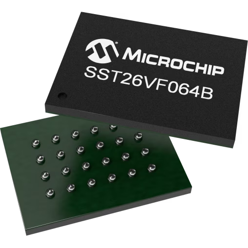 Microchip Technology-SST26VF064B-104I/TD Flash NOR Flash Serial (SPI, Dual SPI, Quad SPI) 2.5V/3V/3.3V 64M-bit 64M/32M/16M x 1/2-bit/4-bit 8ns 24-Pin TBGA Tray