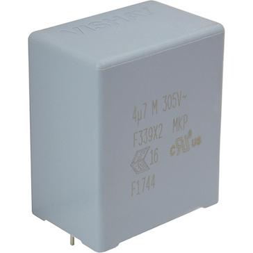 Vishay-F339X243930KIP2T0 Kondensator, Kunststofffilm Cap Film Suppression X2 0.39uF 630VDC/305VAC PP 10%( 26 X 8.5 X 18mm) Radial Plastic Rectangular Can 22.5mm 105°C Tray Automotive AEC-Q200
