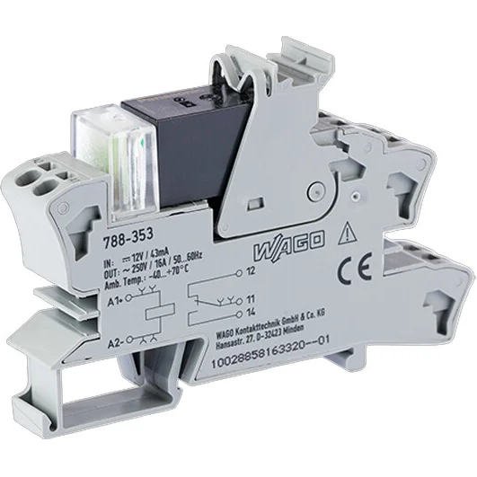 WAGO-788-353 Relevadores Otros Relay Module, Nominal input voltage 12 VDC, 1 changeover Contact, Limiting continuous current 16 A, for lamp loads, Red indicator, Module width 15 mm