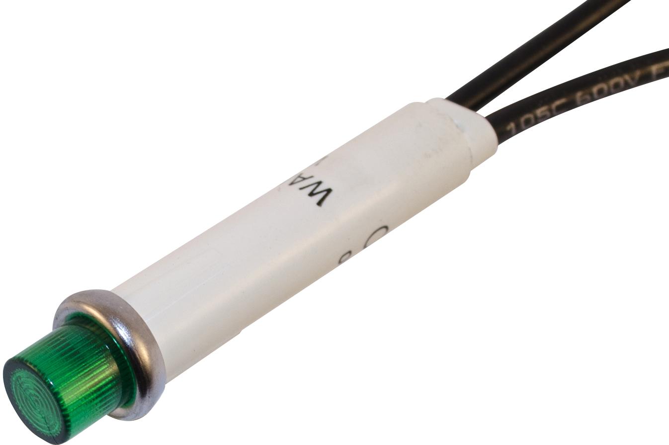 Wamco, Inc-WL-2153A5 Panel Mount Indicators Neon Indicator, Green, 208-250VAC, Cylinder Lens w/ Wire Leads